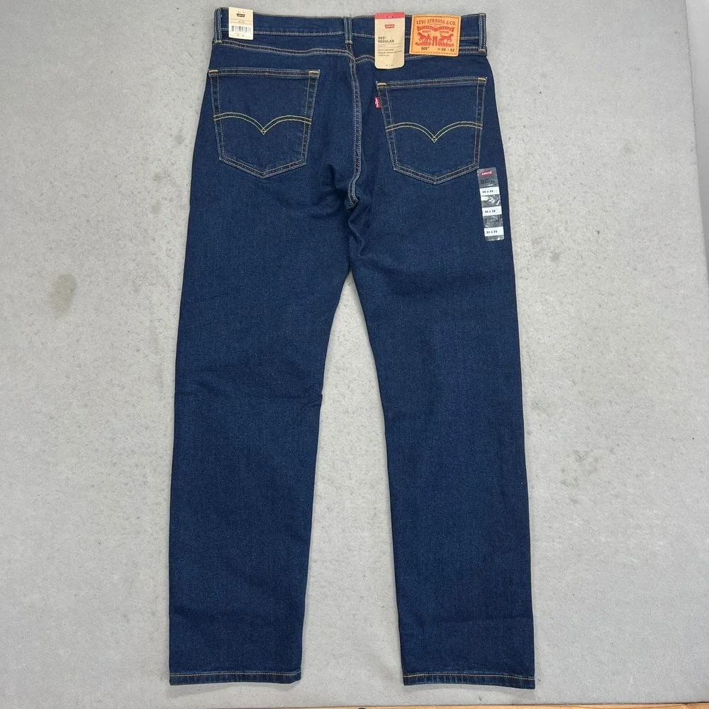NEW Levis 505 Regular Fit Stretch Jeans Mens 36x32 Dark Wash Indigo Blue Casual